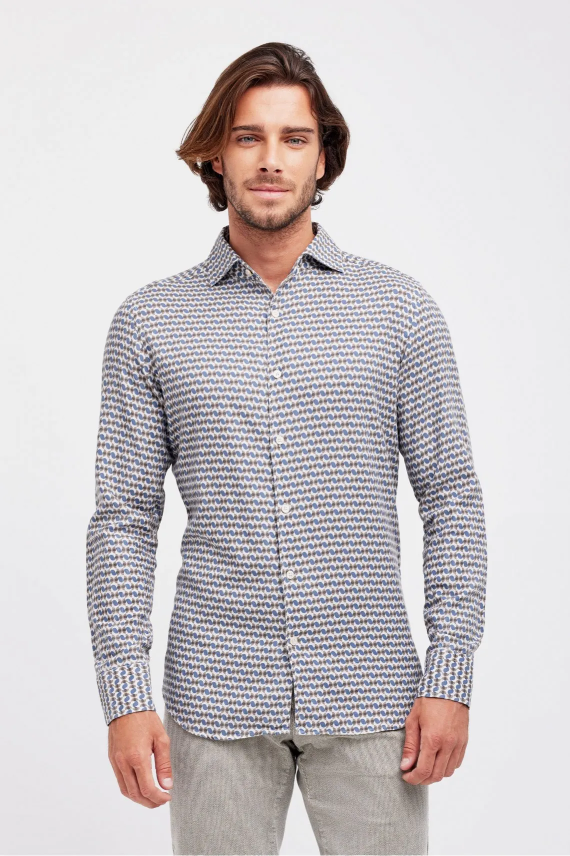 CAMICIA COLLO PARAMONTURATO FANTASIA BEIGE  CELESTE