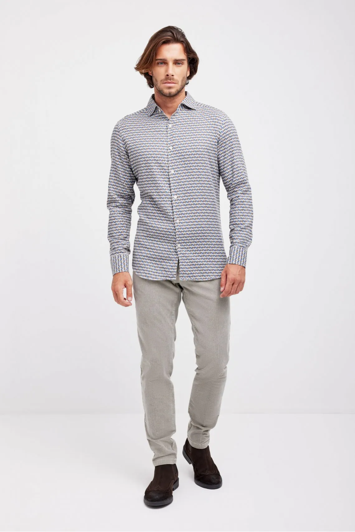CAMICIA COLLO PARAMONTURATO FANTASIA BEIGE  CELESTE