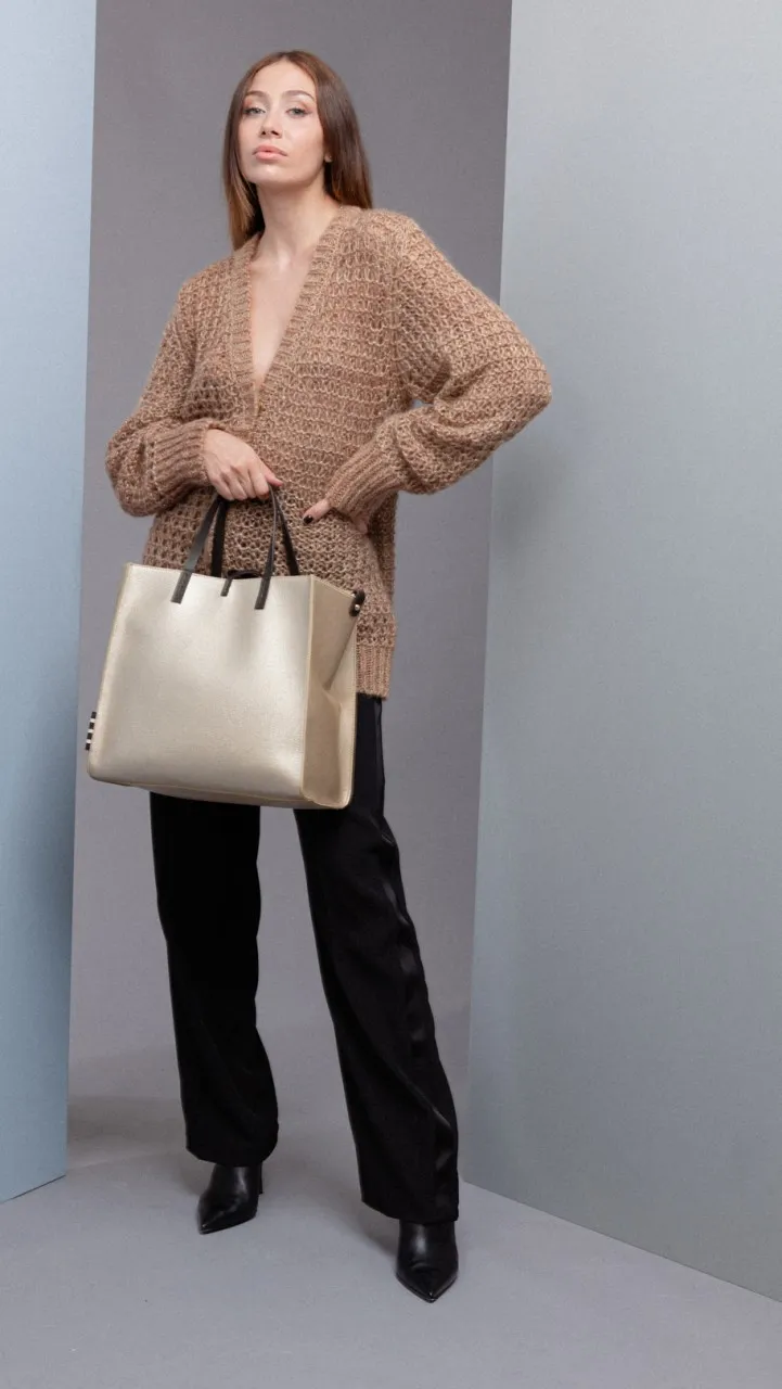 Cardigan in mohair e lurex BIC JACQUARD LIGHT WOOD/GOLD