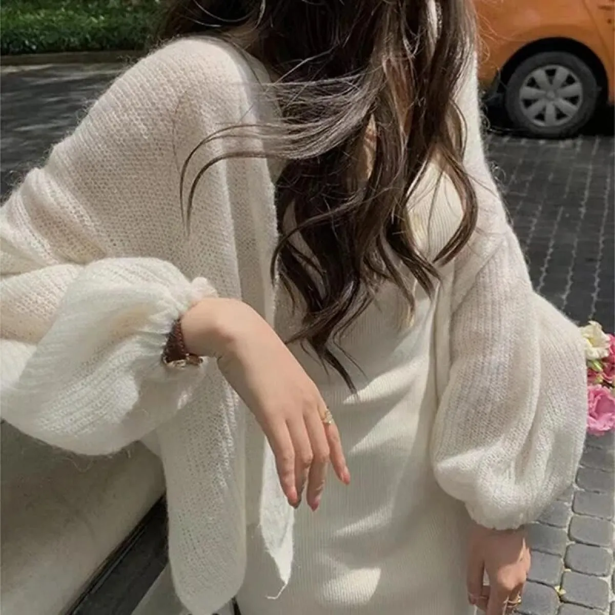 Cardigan lavorato a maglia in mohair da donna, grembiule estivo sottile con protezione solare, bretelle all'esterno di un cappot