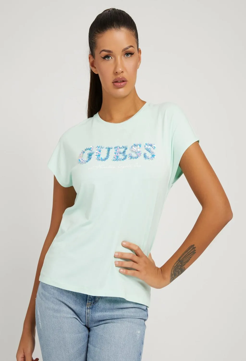 GUESS  t-shirt verde acqua logo celeste