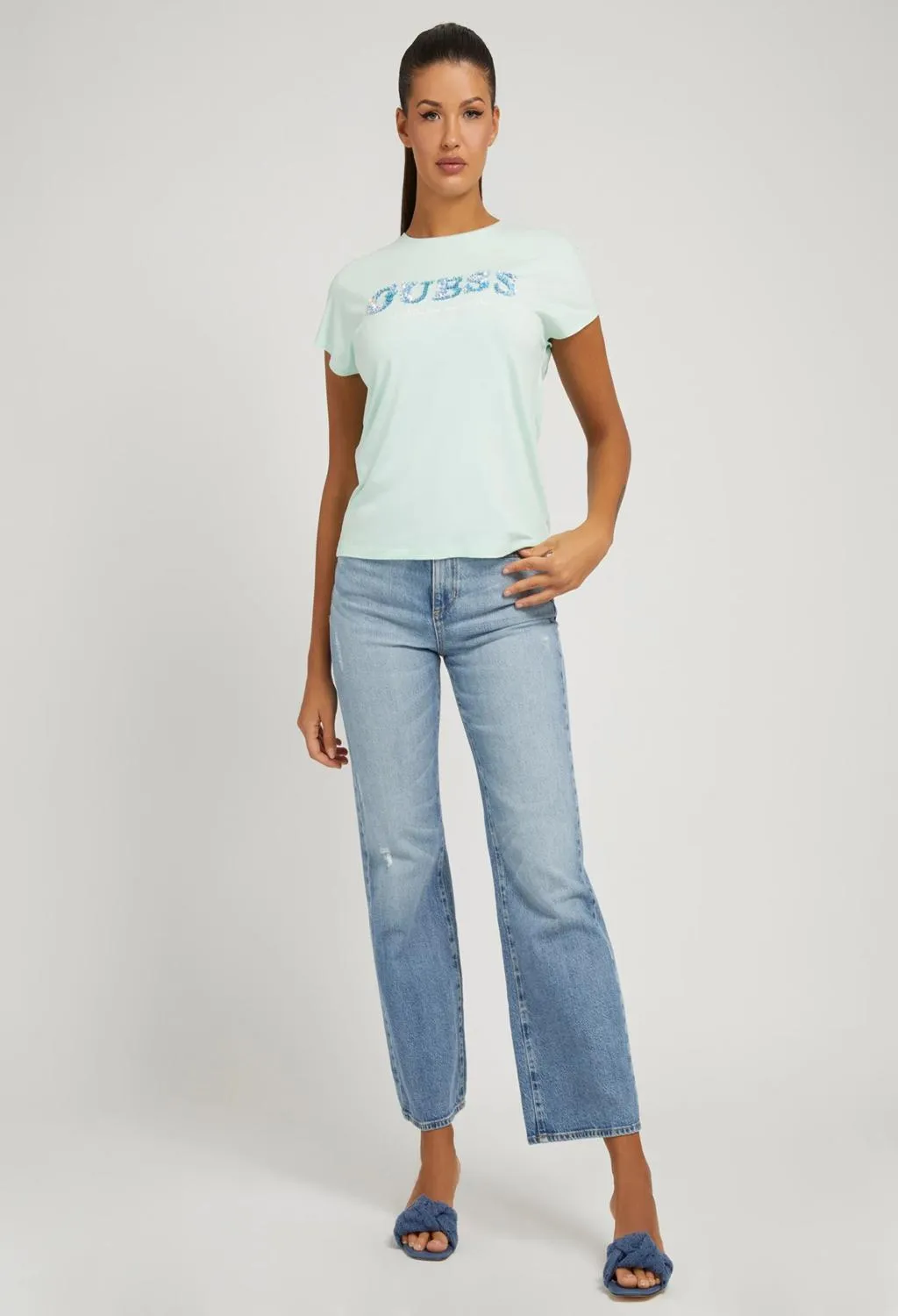 GUESS  t-shirt verde acqua logo celeste