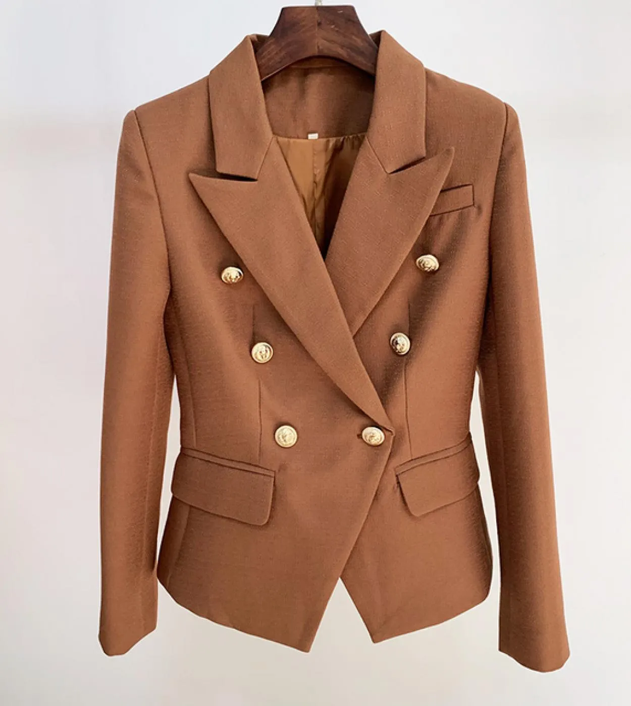 High Street Newest 2022 Designer Jacket Womens Lion Buttons Blazer testurizzato doppiopetto aderente color cioccolato scuro