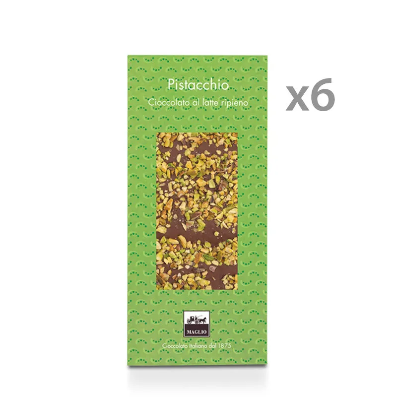 Maglio Arte Dolciaria 6 tavolette - Cioccolato al Latte con ripieno e granella di Pistacchi 95 gr