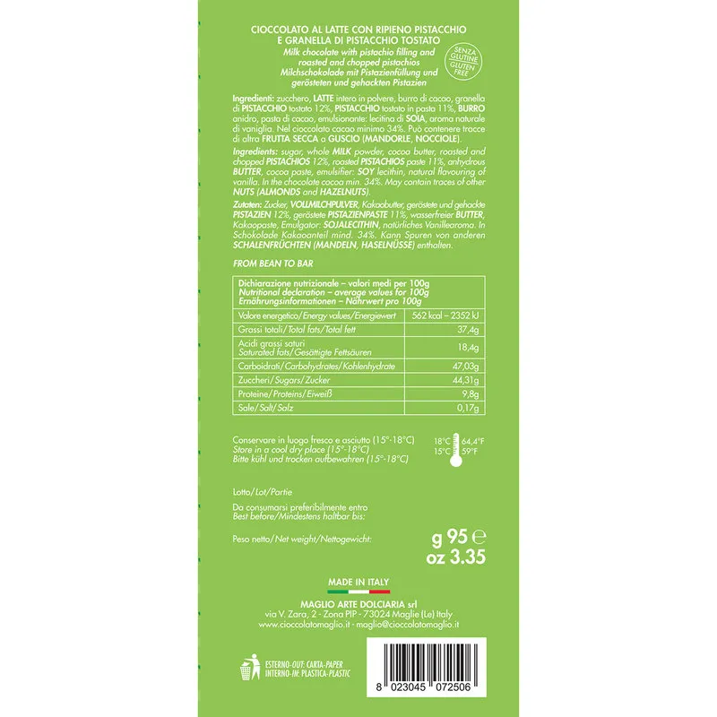 Maglio Arte Dolciaria 6 tavolette - Cioccolato al Latte con ripieno e granella di Pistacchi 95 gr